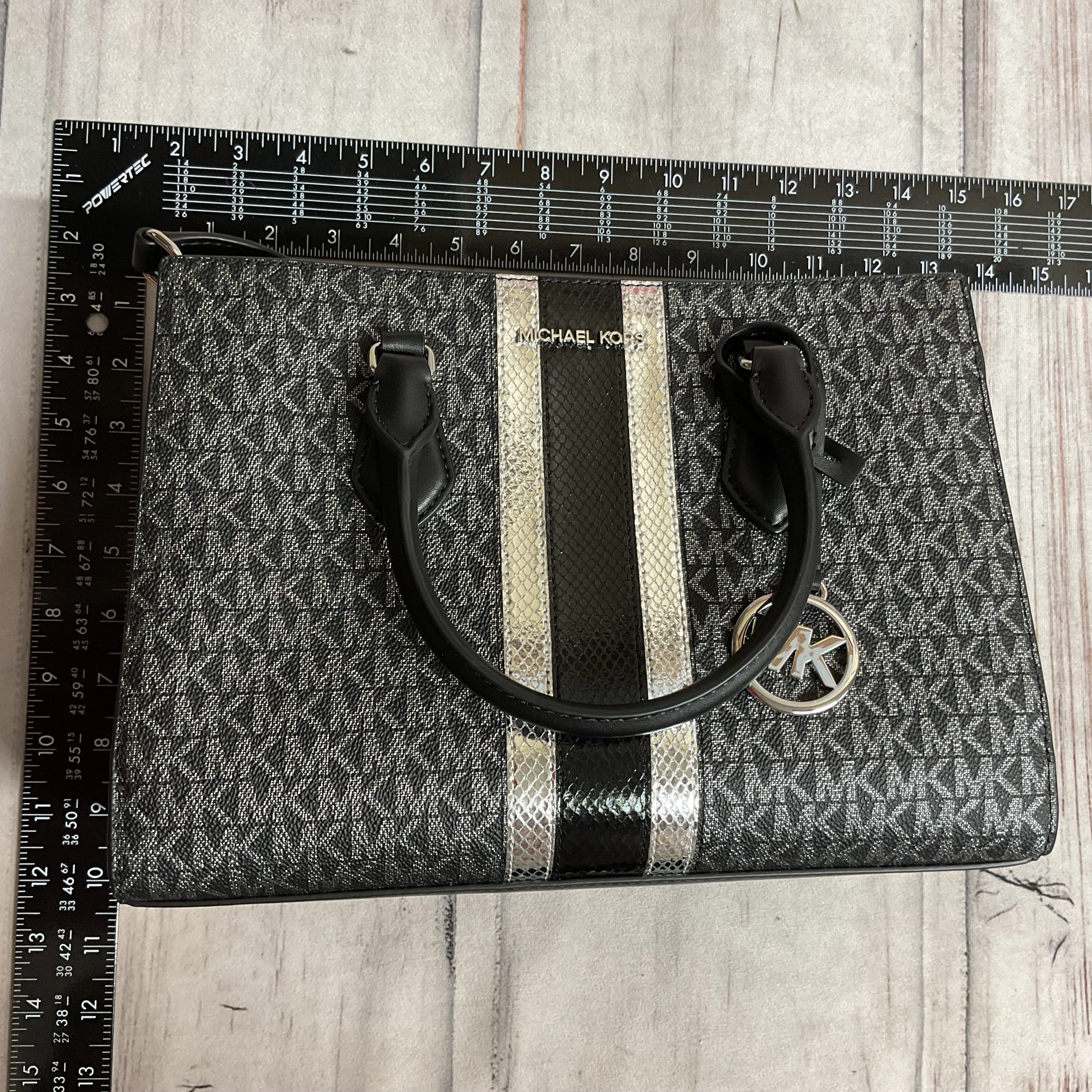 Handbag Designer By Michael Kors In Black & Silver, Size:Medium