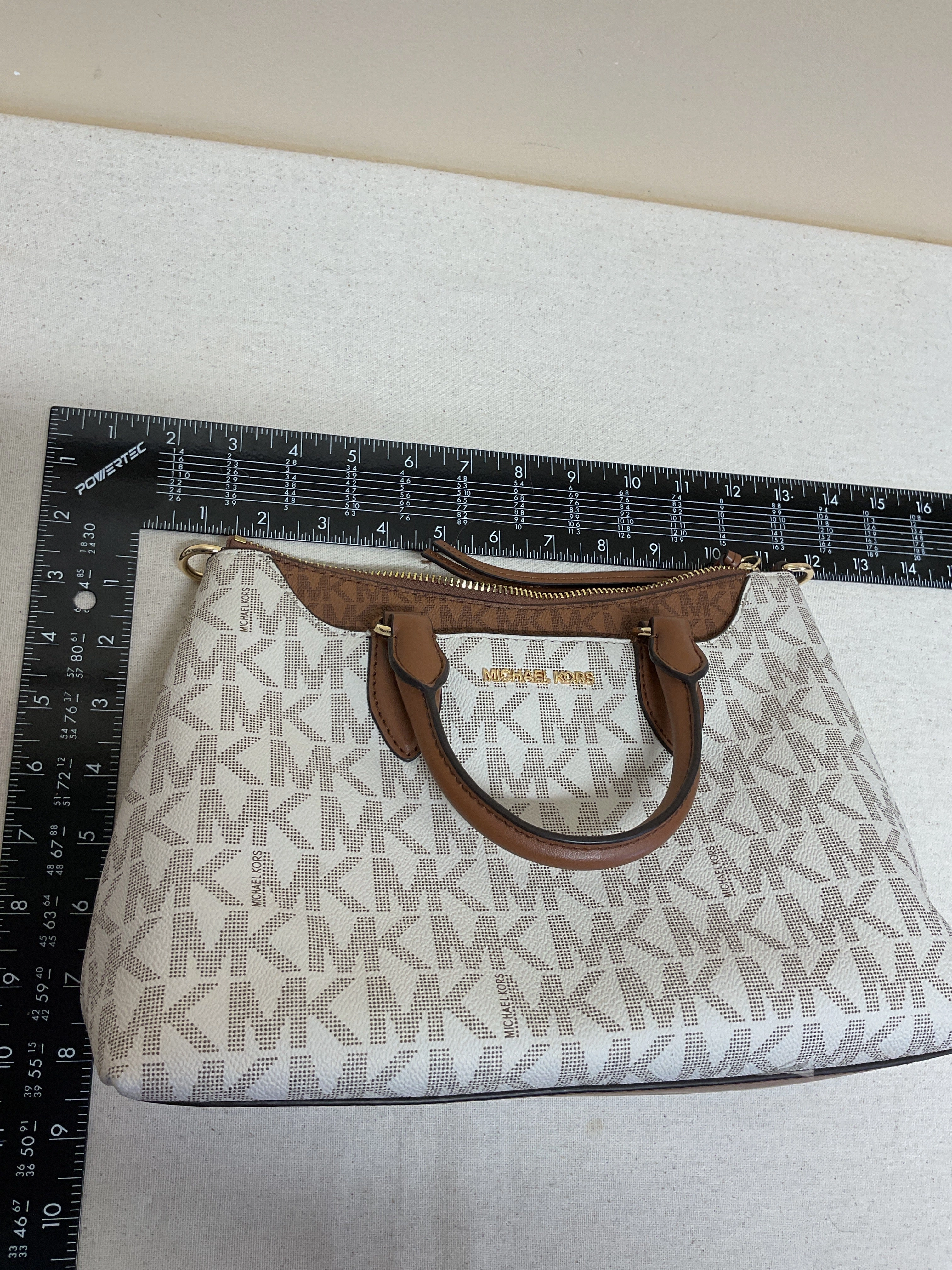 Handbag Designer By Michael Kors In Brown & White, Size:Small