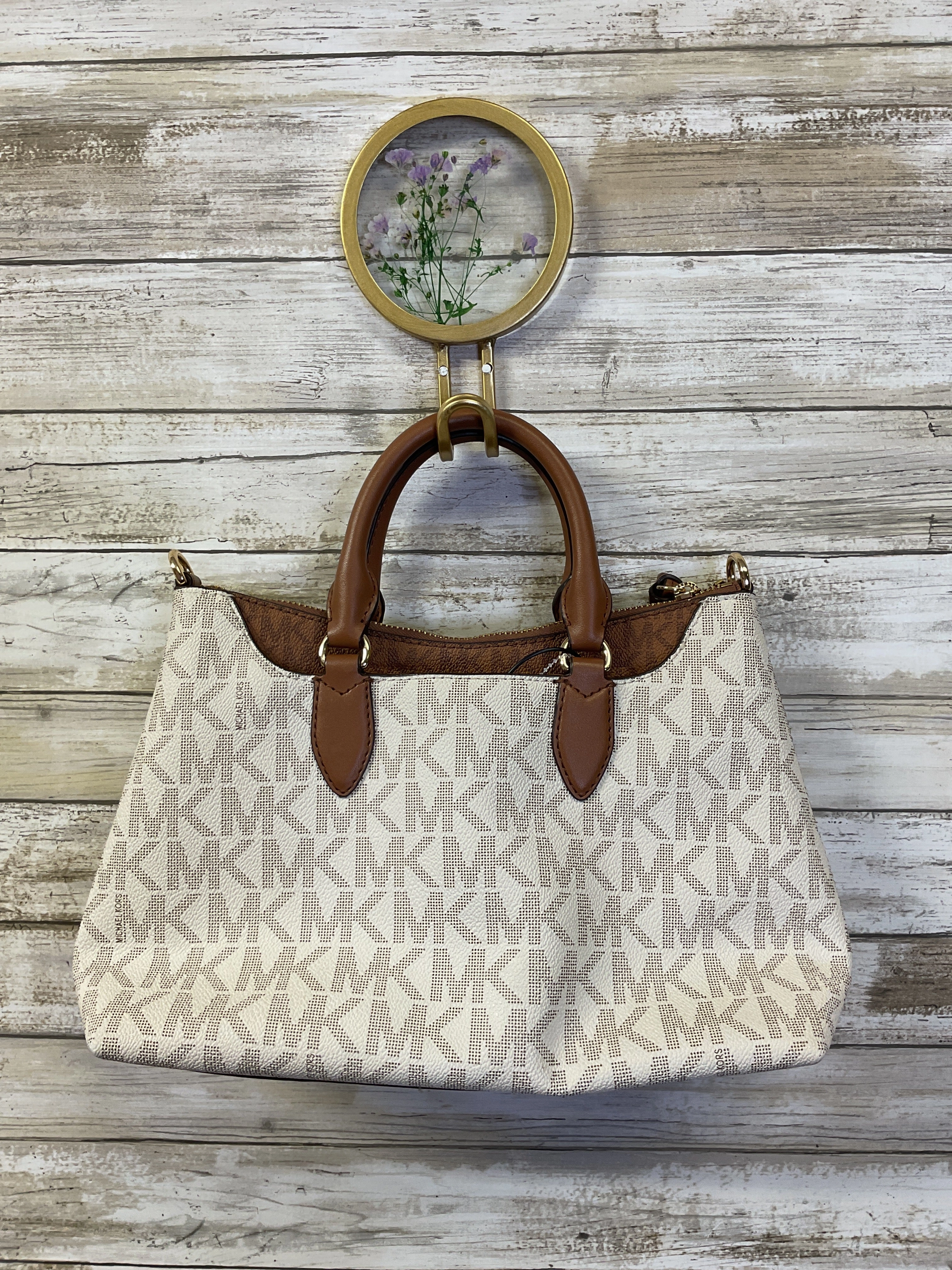 Handbag Designer By Michael Kors In Brown & White, Size:Small