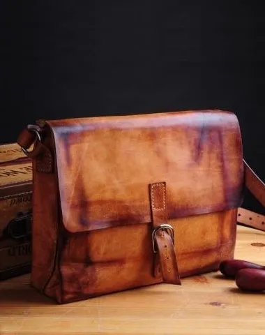 Handmade Vintage Brown Leather Mens Messenger Bag Shoulder Bag for Men
