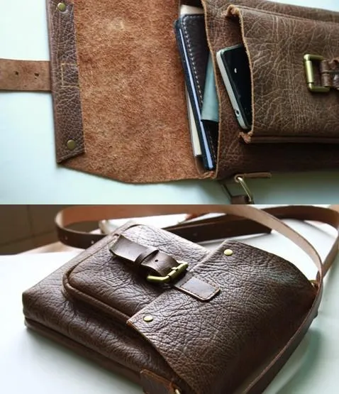 Handmade Vintage Leather Mens Small Messenger Bag Coffee Cell Phone Shoulder Bag for Men