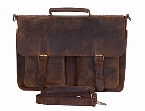 Komalc 18 Inch Retro Buffalo Hunter Leather Laptop Messenger Bag Office Briefcase College Bag For