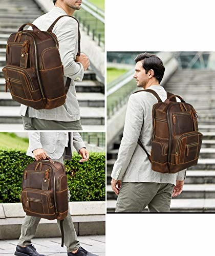 Lannsyne Men's Vintage Full Grain Leather 15.6 Inch Laptop Backpack Camping Travel 24L Rucksack