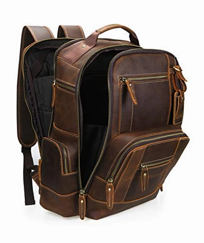 Lannsyne Men's Vintage Full Grain Leather 15.6 Inch Laptop Backpack Camping Travel 24L Rucksack