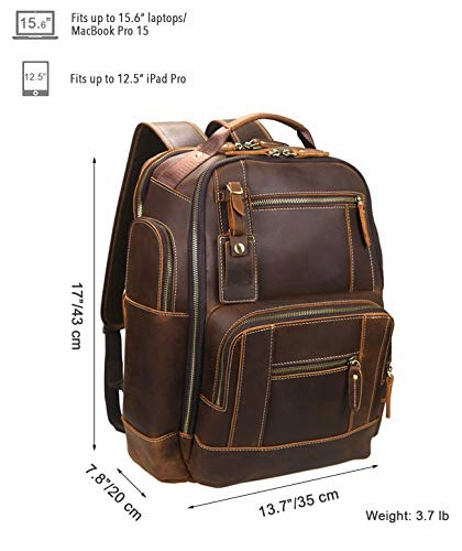 Lannsyne Men's Vintage Full Grain Leather 15.6 Inch Laptop Backpack Camping Travel 24L Rucksack