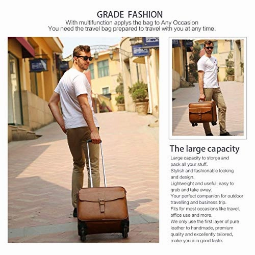 Leathario Leather Rolling Laptop Case Wheeled Briefcase Suitcase Roller Boarding