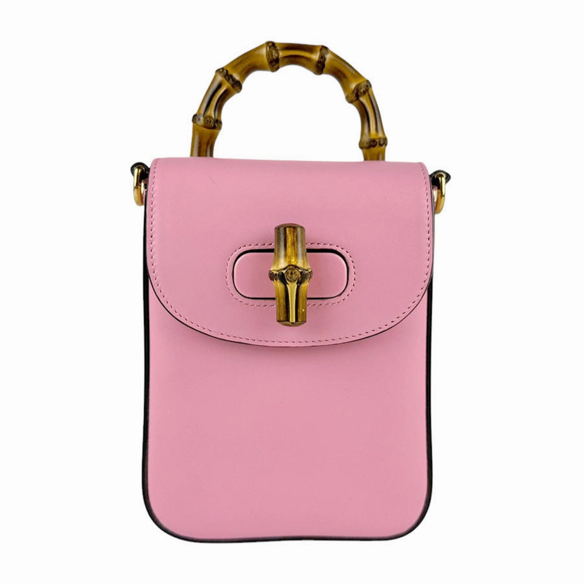 Leather Bamboo Shoulder Bag with Dust Bag and Strap