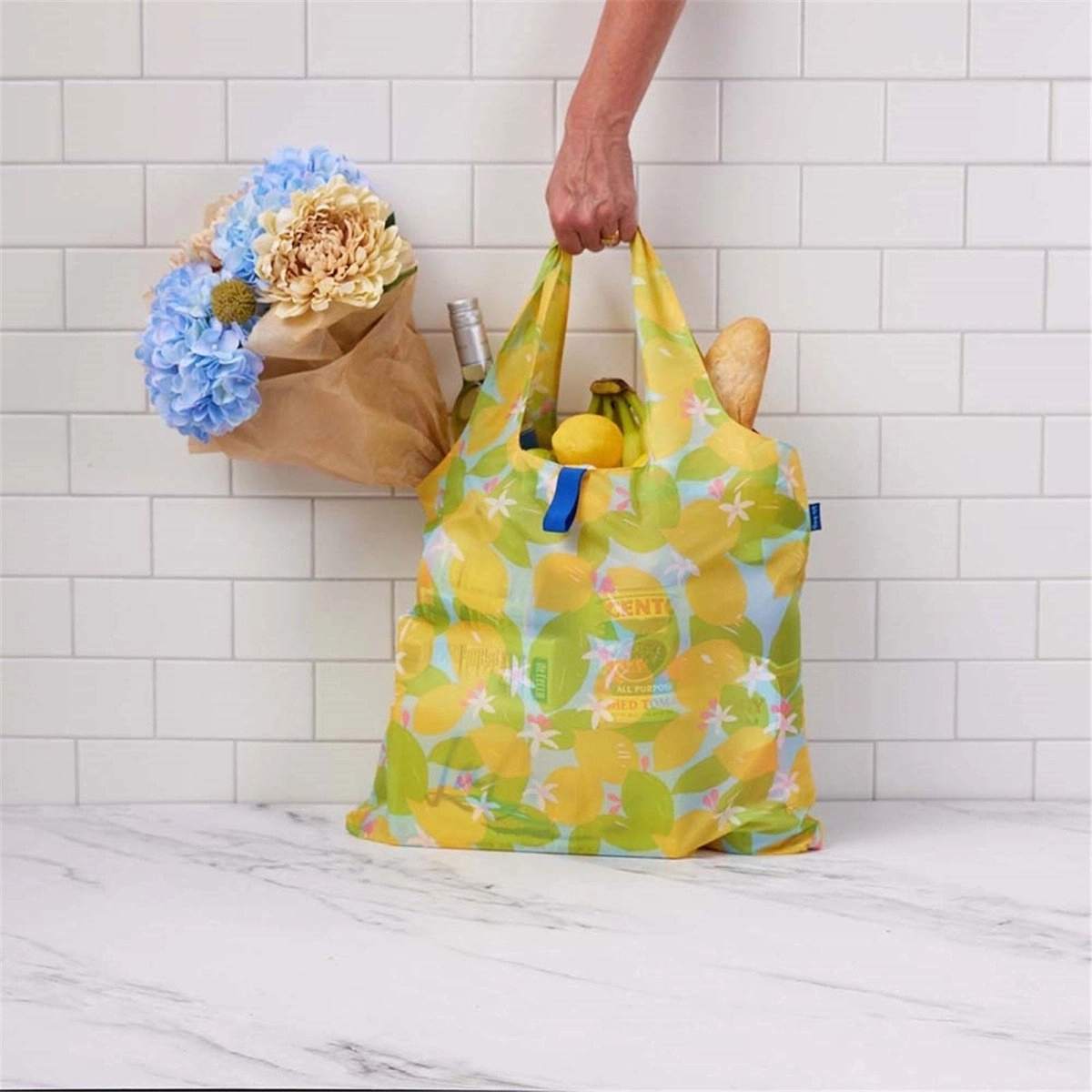 Lemon Blossoms blu Reusable Shopping Bag-Machine washable