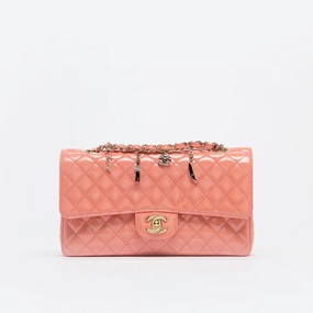 Limited Edition Ginza 5th Anniversary Medium Classic Lucky Charms Single Flap Shoulder Bag in Patent Coral Leather