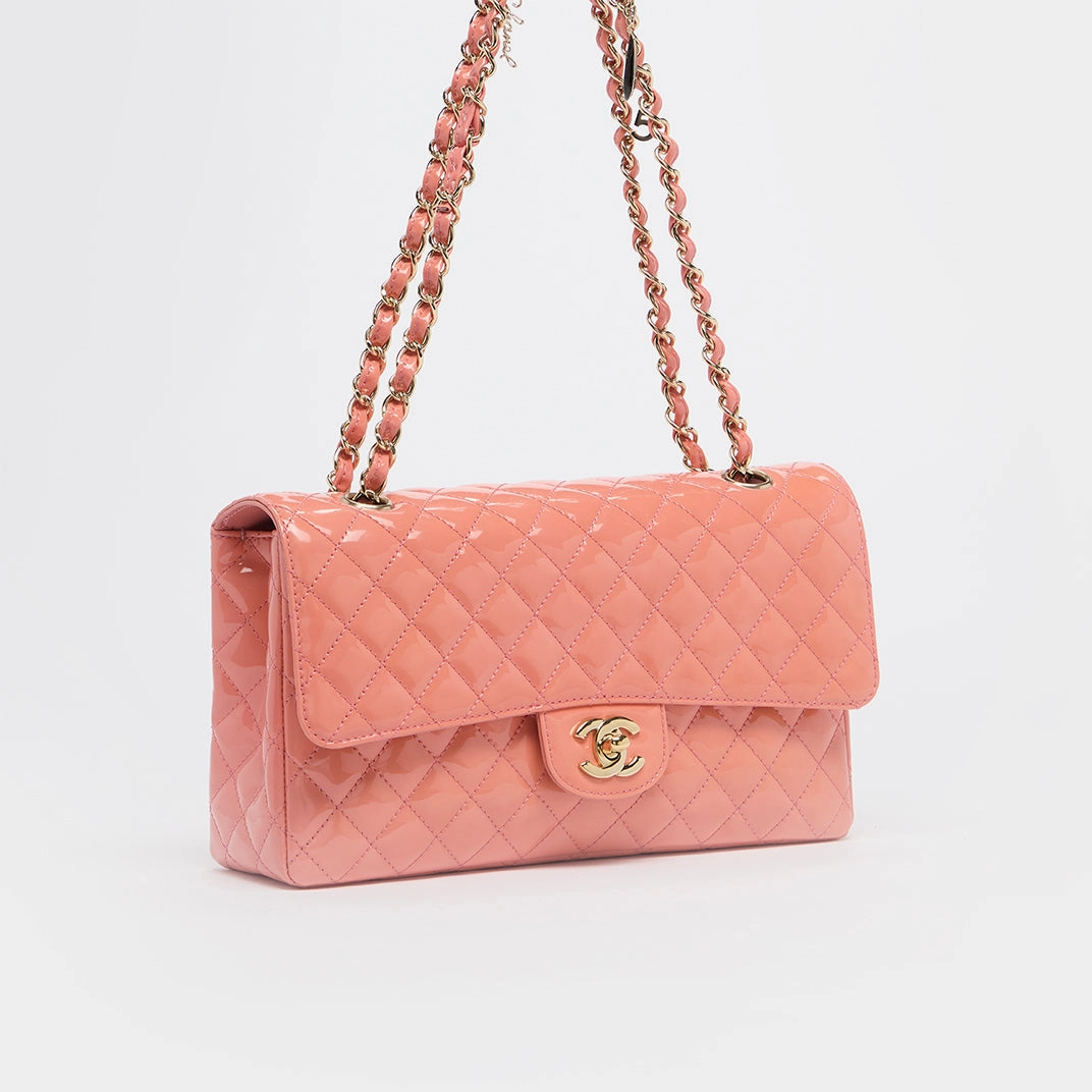 Limited Edition Ginza 5th Anniversary Medium Classic Lucky Charms Single Flap Shoulder Bag in Patent Coral Leather