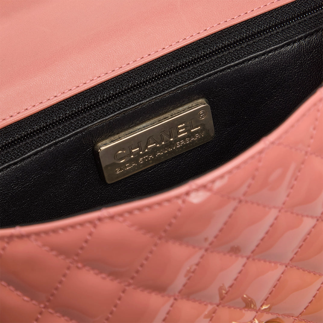 Limited Edition Ginza 5th Anniversary Medium Classic Lucky Charms Single Flap Shoulder Bag in Patent Coral Leather