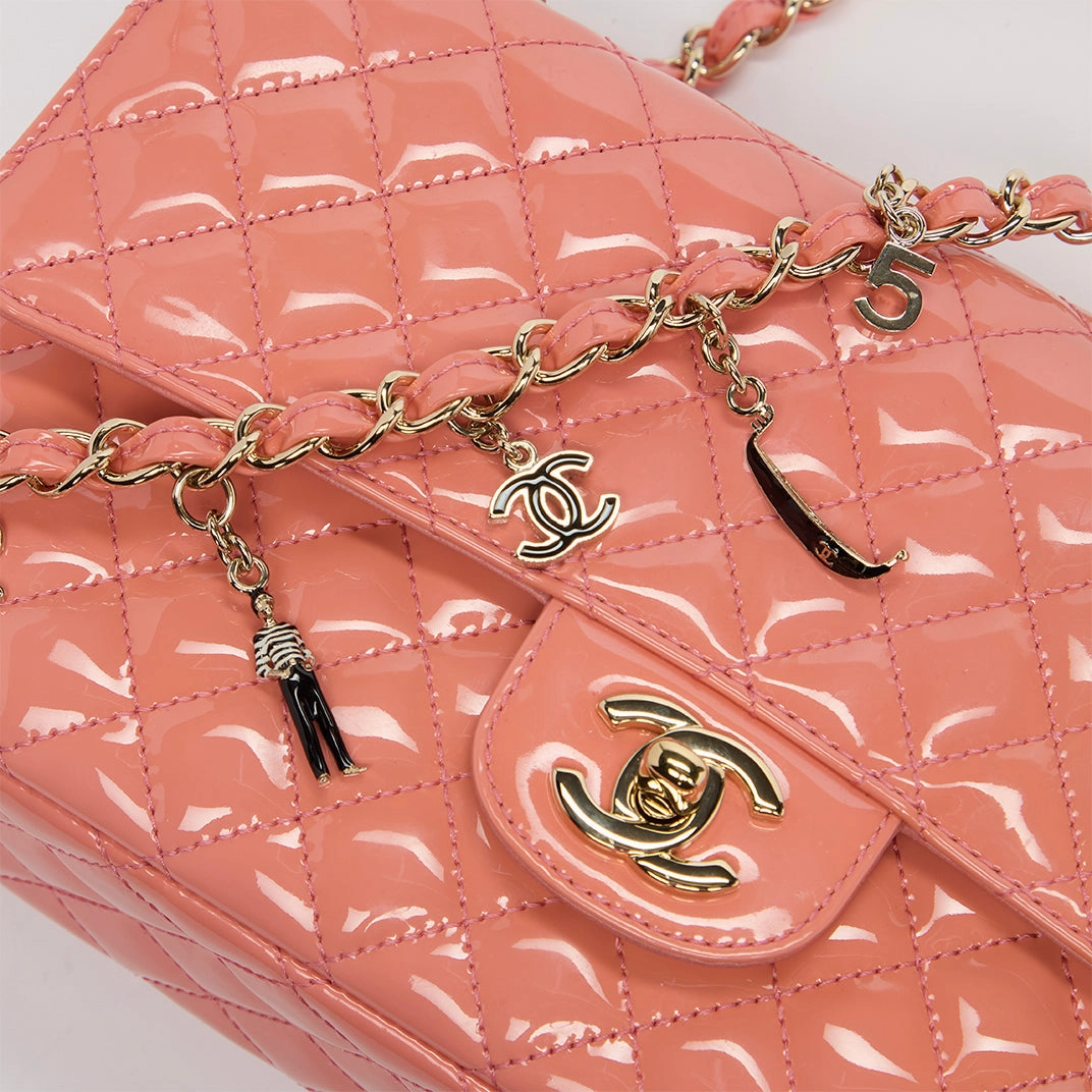 Limited Edition Ginza 5th Anniversary Medium Classic Lucky Charms Single Flap Shoulder Bag in Patent Coral Leather