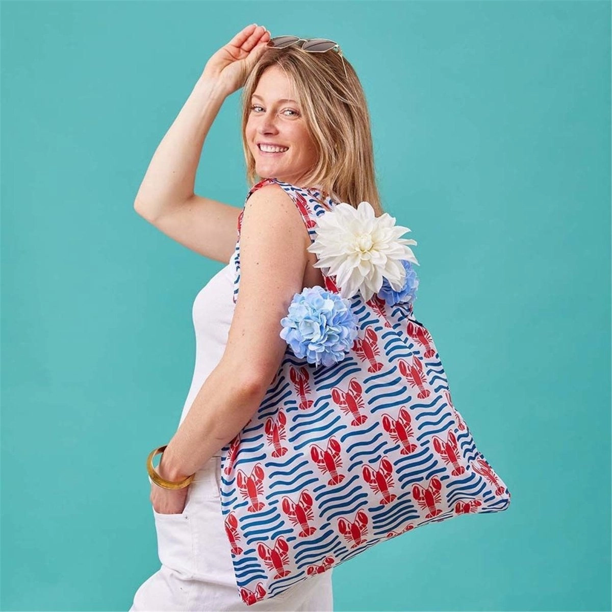 Lobster Waves blu Reusable Shopping Bag-Machine washable
