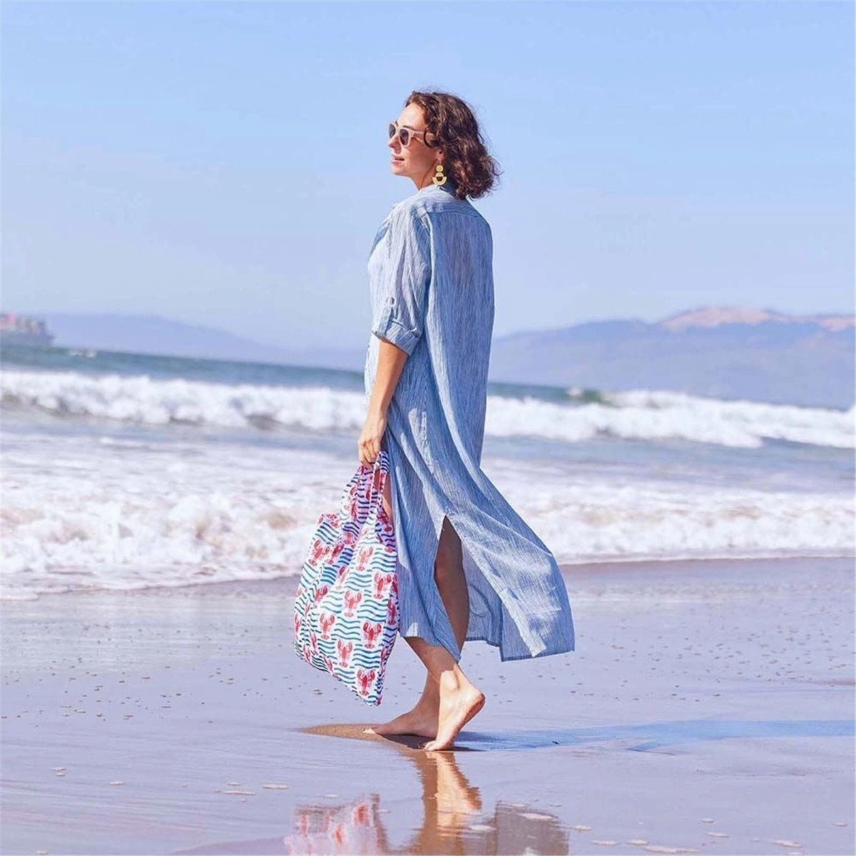 Lobster Waves blu Reusable Shopping Bag-Machine washable