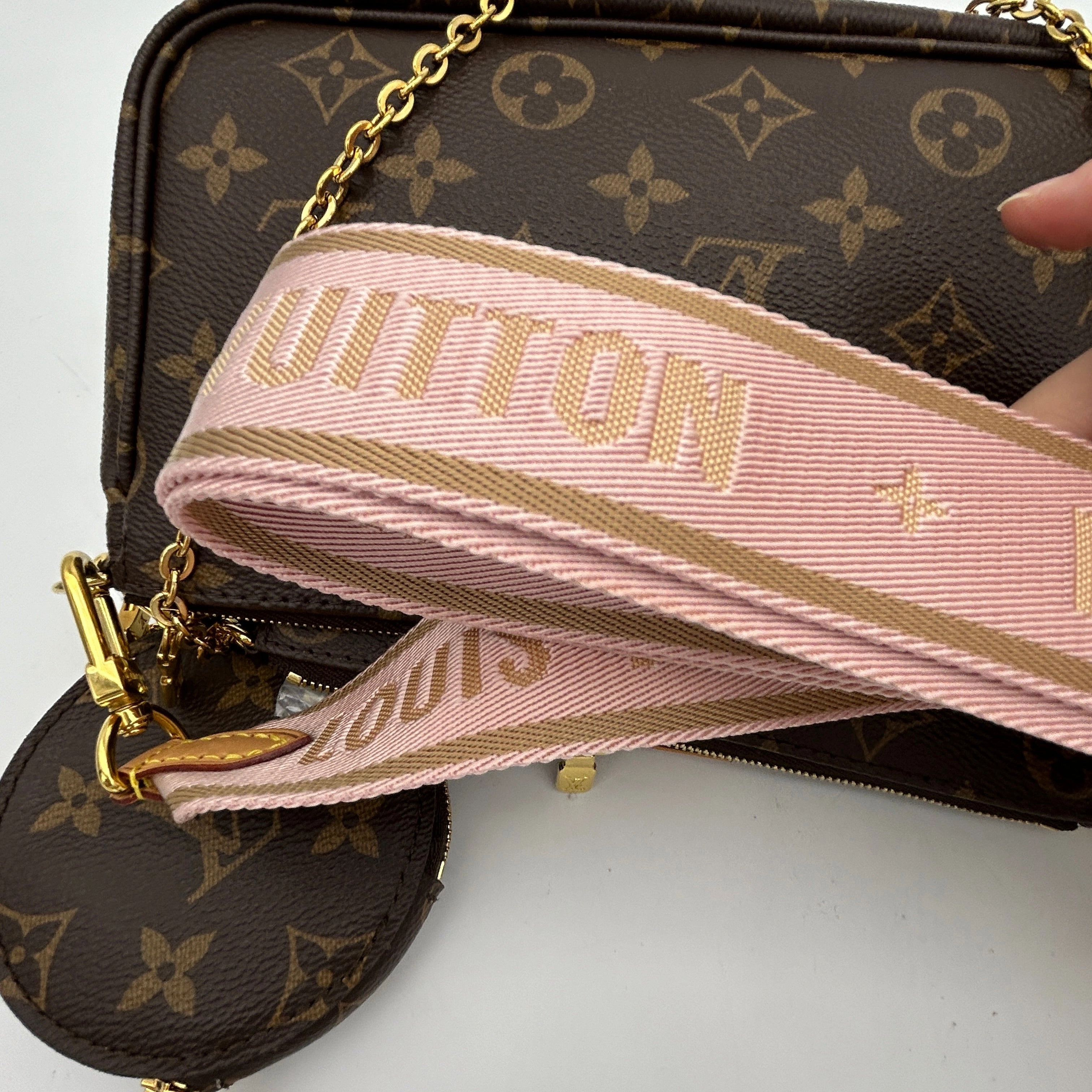 Louis Vuitton Monogram Brown PVC Crossbody Bag with Pink Strap