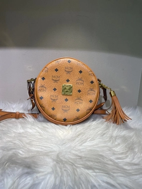 MCM Pre-Loved Visetos Leather Round Crossbody Bag in Cognac