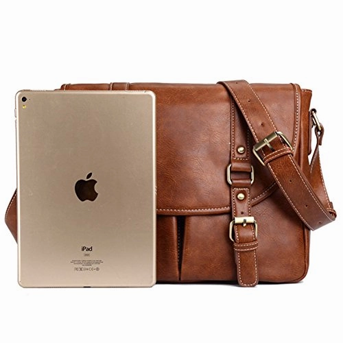 Men Travel Messenger Briefcase Schoolbag PU Leather Laptop Bag Coffee- Back to School