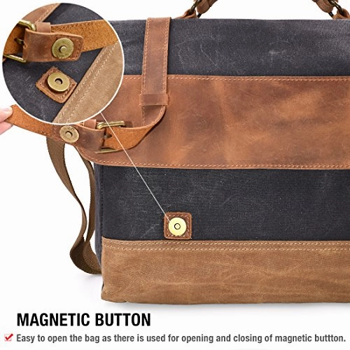 Mens Messenger Bag 15.6 Inch Waterproof Vintage Genuine Leather Waxed Canvas Briefcase Large Satchel Shoulder Bag Rugged Leather Computer Laptop Bag Grey