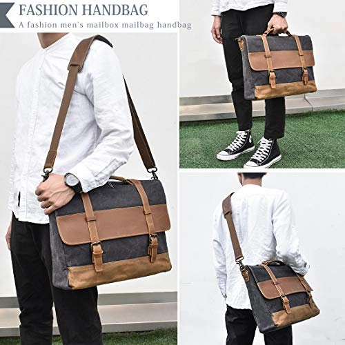 Mens Messenger Bag 15.6 Inch Waterproof Vintage Genuine Leather Waxed Canvas Briefcase Large Satchel Shoulder Bag Rugged Leather Computer Laptop Bag Grey