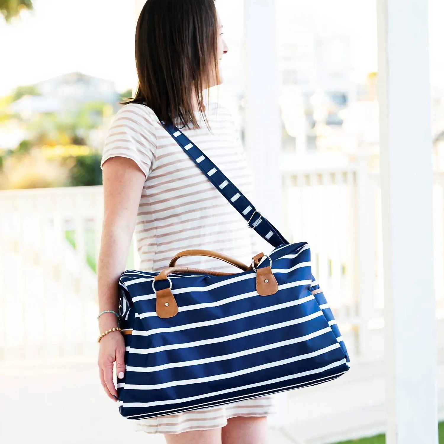 Navy White Stripe Travel Weekender Duffle Bag In Striped