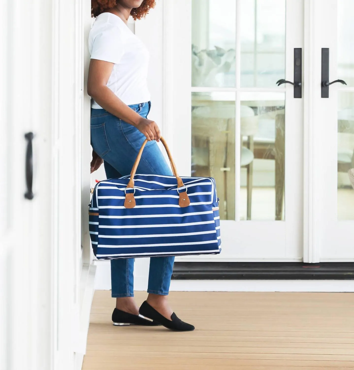 Navy White Stripe Travel Weekender Duffle Bag In Striped