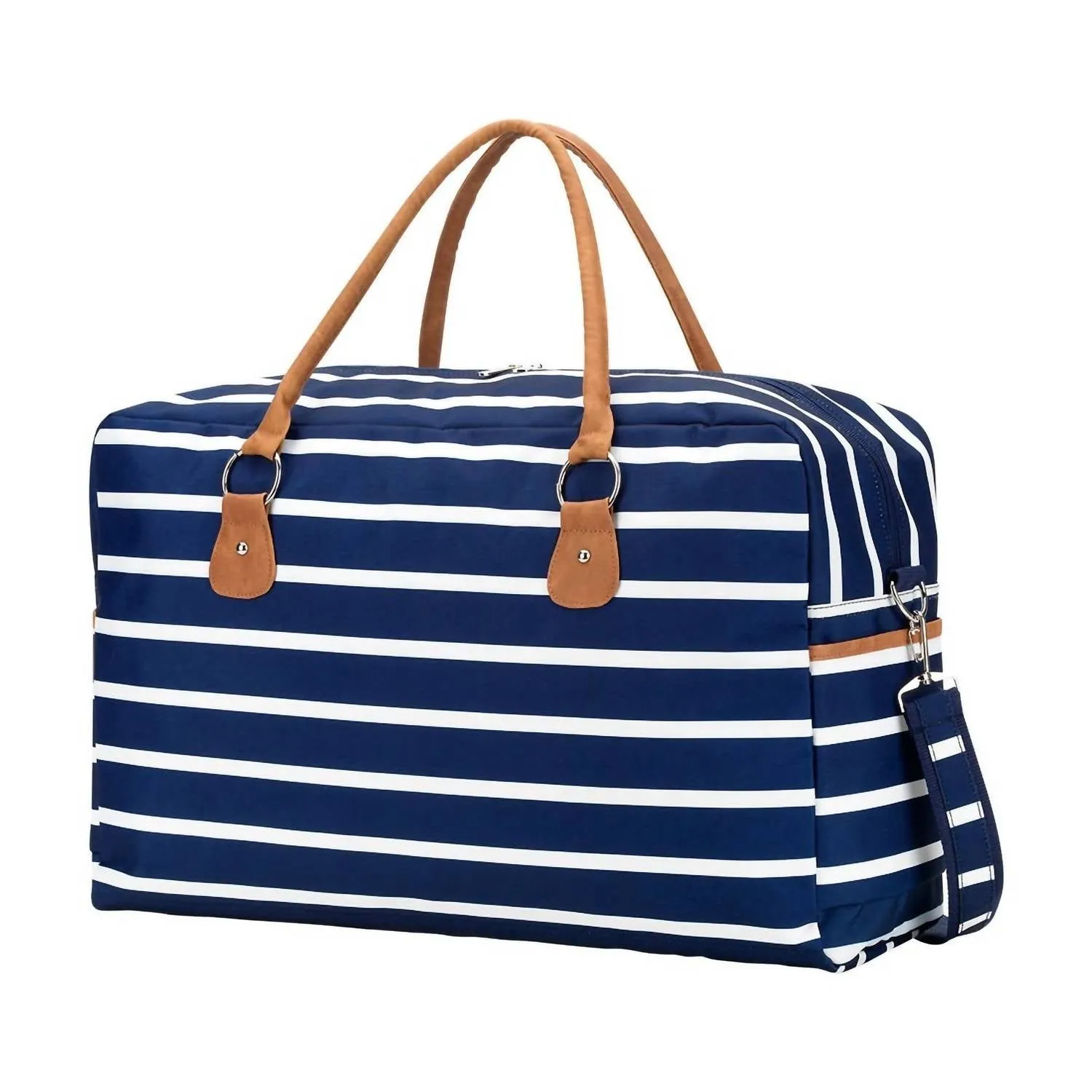 Navy White Stripe Travel Weekender Duffle Bag In Striped
