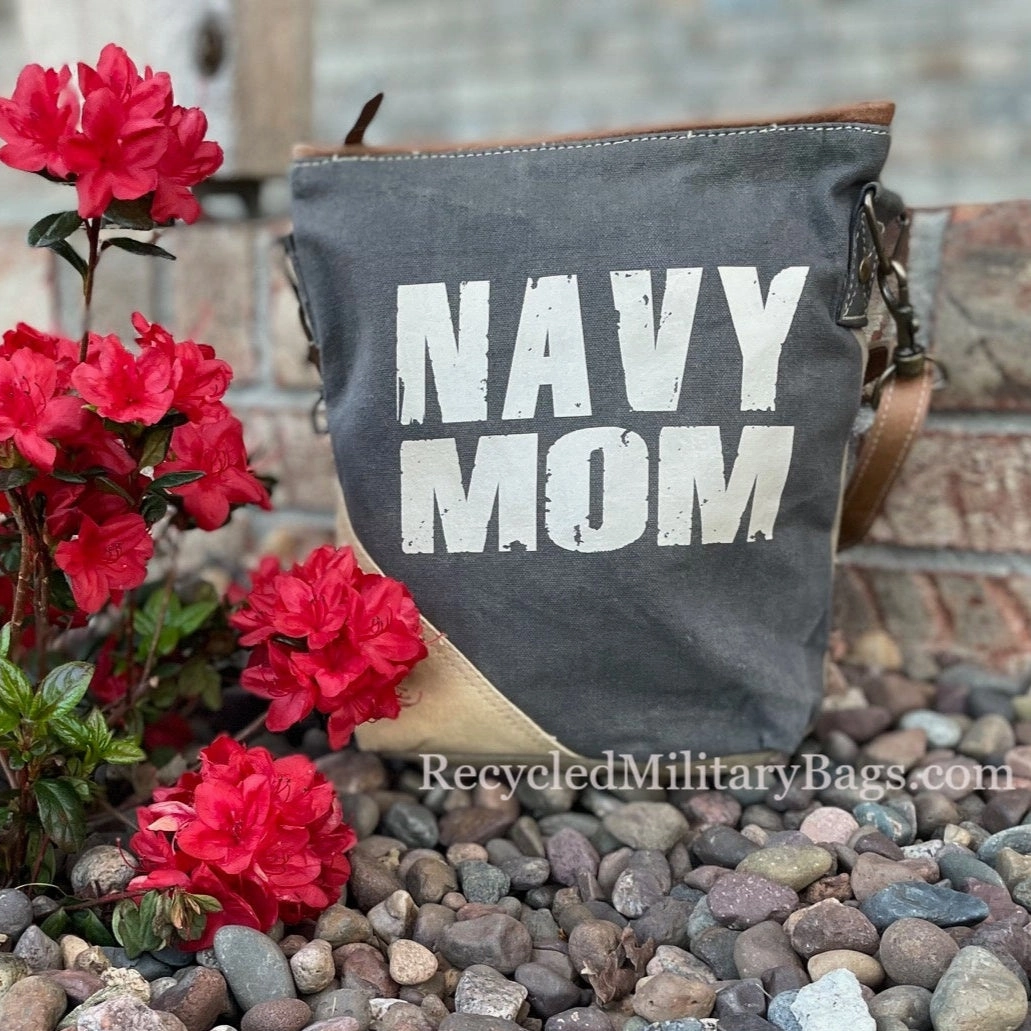 Navy Mom Crossbody Sustainable Canvas Bag Purse - Proud Navy Bag Great Gift for Mom!