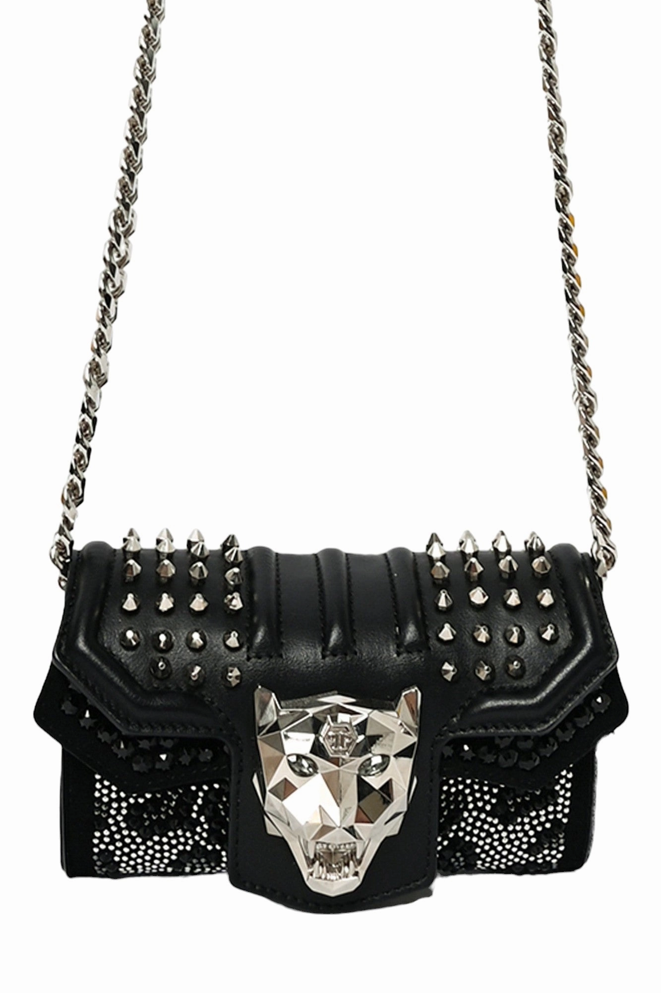 Philipp Plein Black Leather Crystal Embellished Crossbody