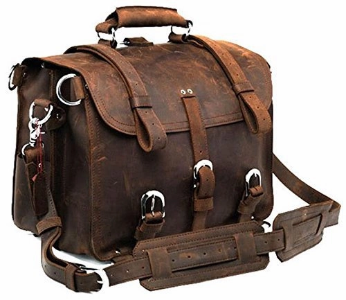 Polare Men'S Full Grain Leather 16'' Briefcase Shoulder Messenger Bag Fit 15.6'' Laptop