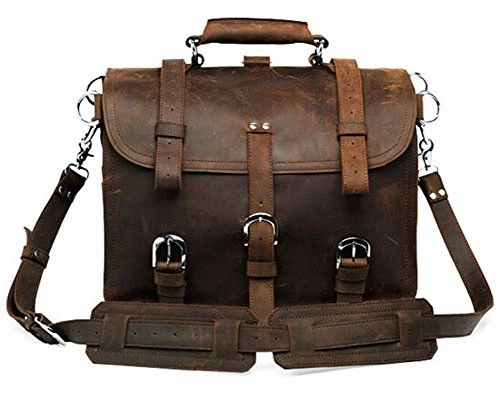 Polare Men'S Full Grain Leather 16'' Briefcase Shoulder Messenger Bag Fit 15.6'' Laptop