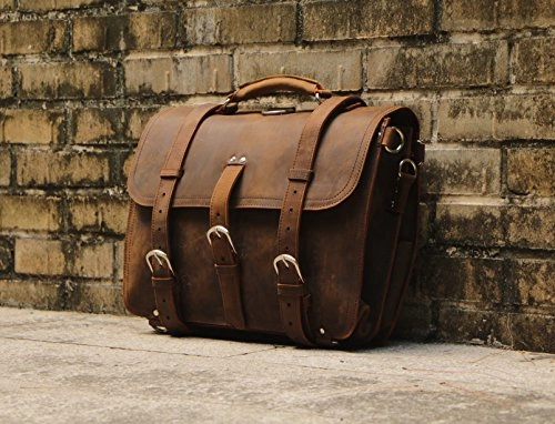 Polare Men'S Full Grain Leather 16'' Briefcase Shoulder Messenger Bag Fit 15.6'' Laptop