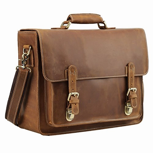 Polare Men'S Full Grain Leather Laptop Briefcase Messenger Bag Vintage Travel Case