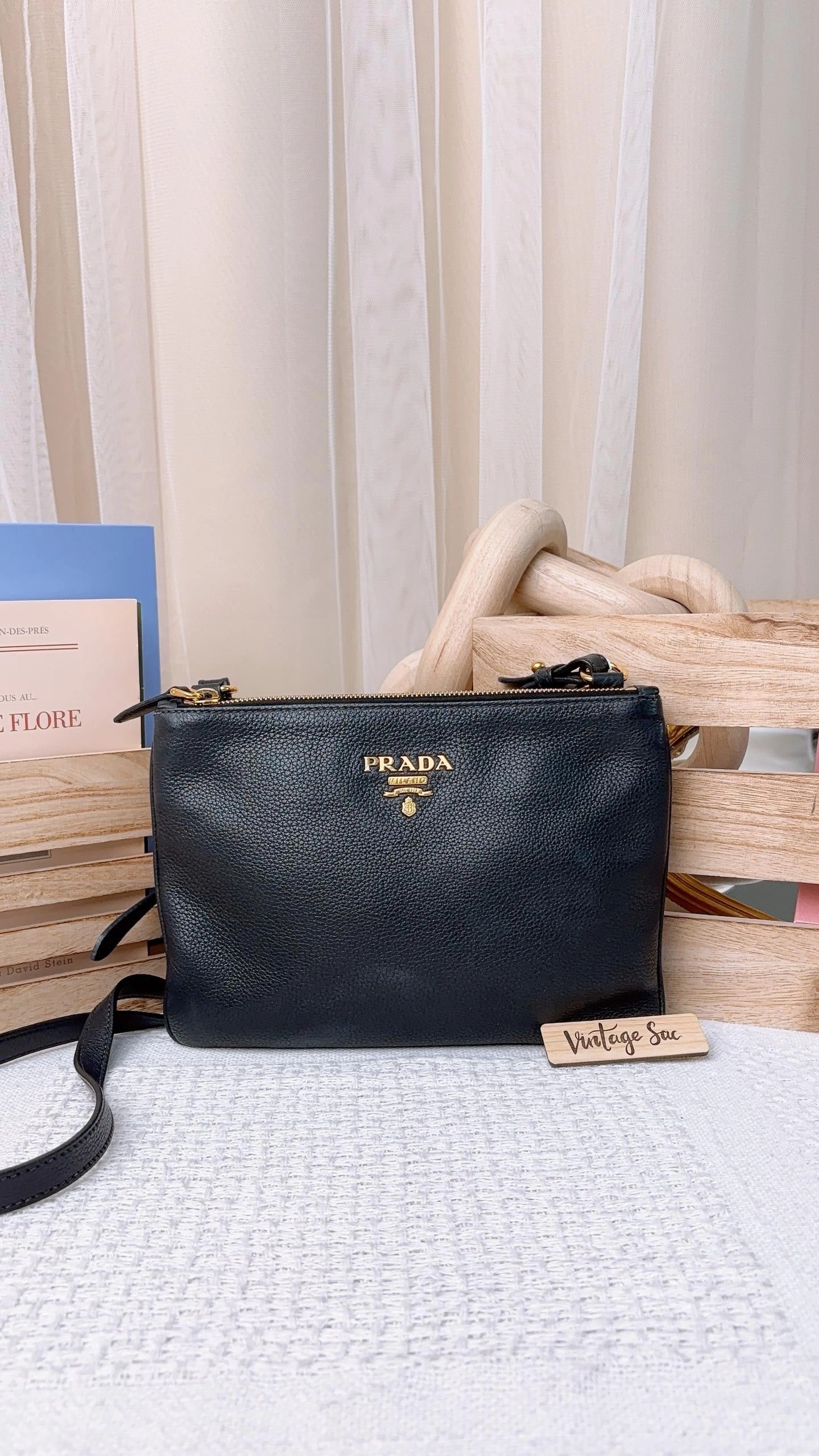 Prada Black Calfskin Double Zip Crossbody Bag