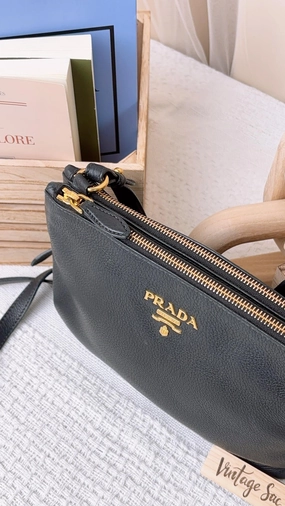 Prada Black Calfskin Double Zip Crossbody Bag
