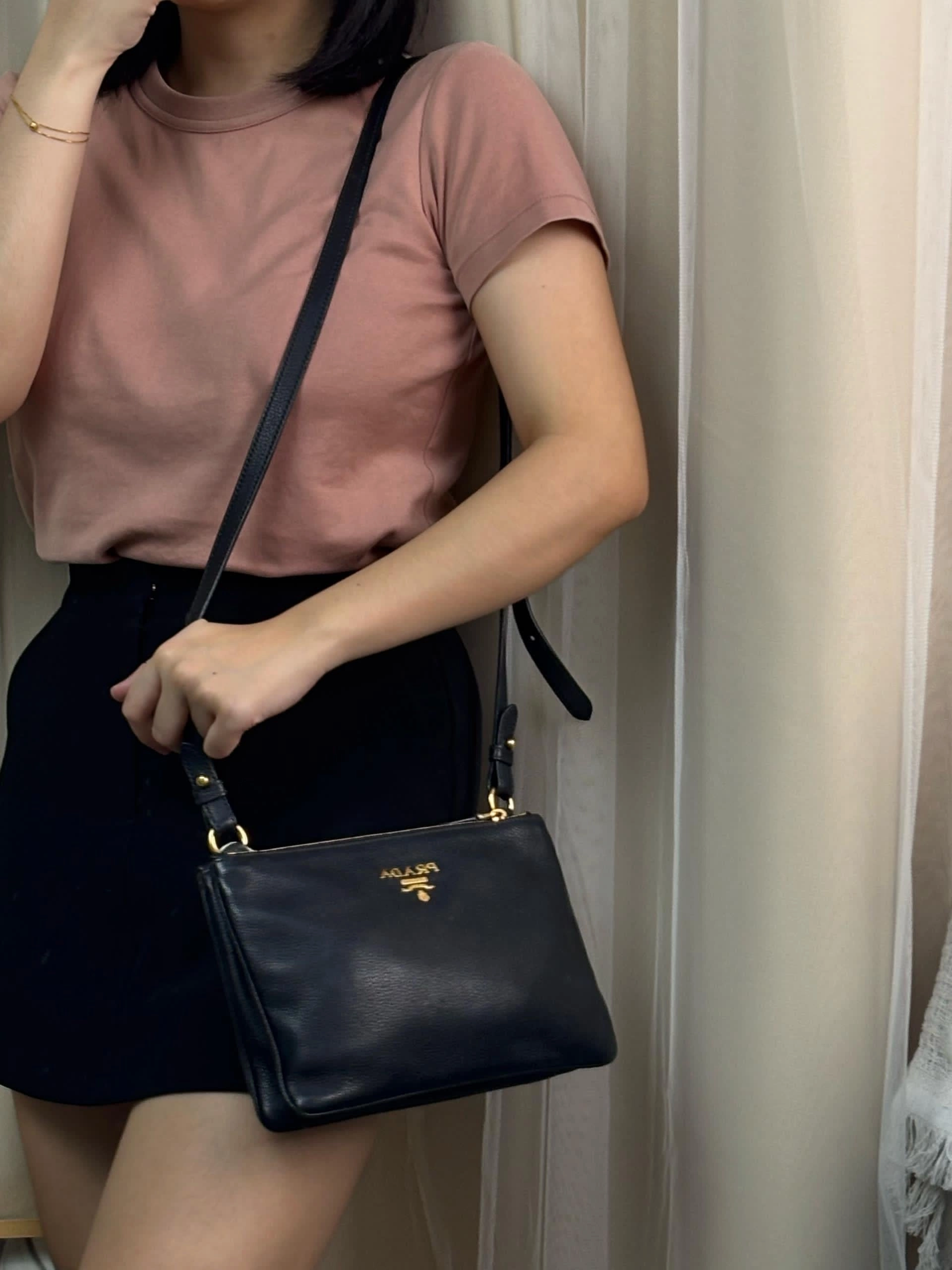 Prada Black Calfskin Double Zip Crossbody Bag
