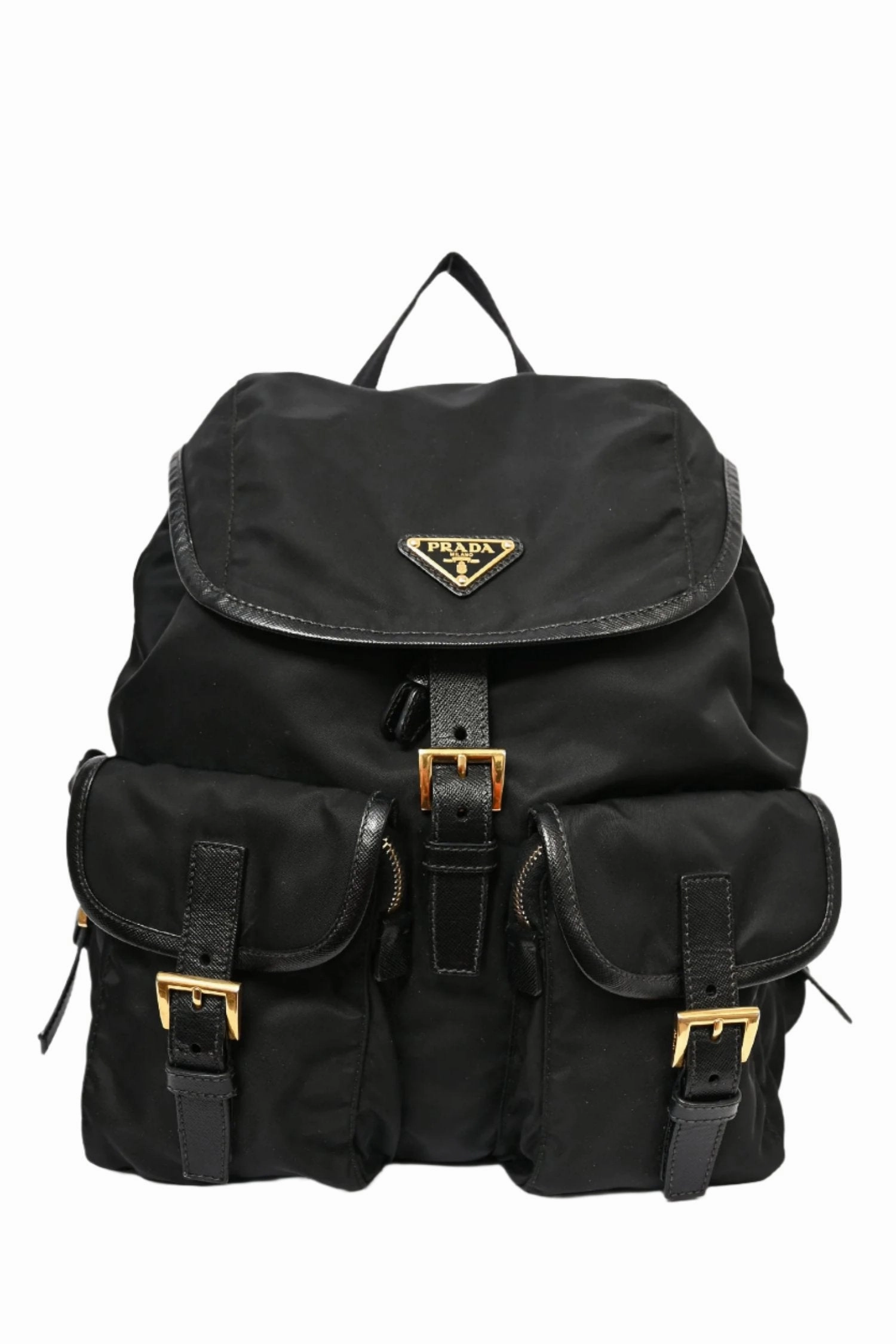Prada Black Nylon/Saffiano Leather Double Pocket Backpack GHW