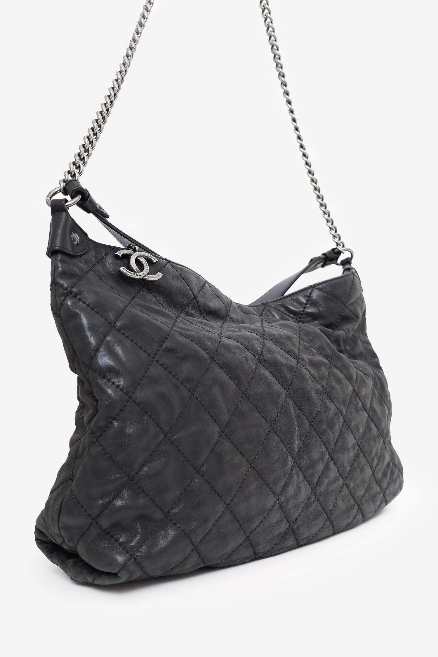 Pre-Loved Chanel 2012 Black Irridescent Leather Coco Daily Hobo Shoulder Bag