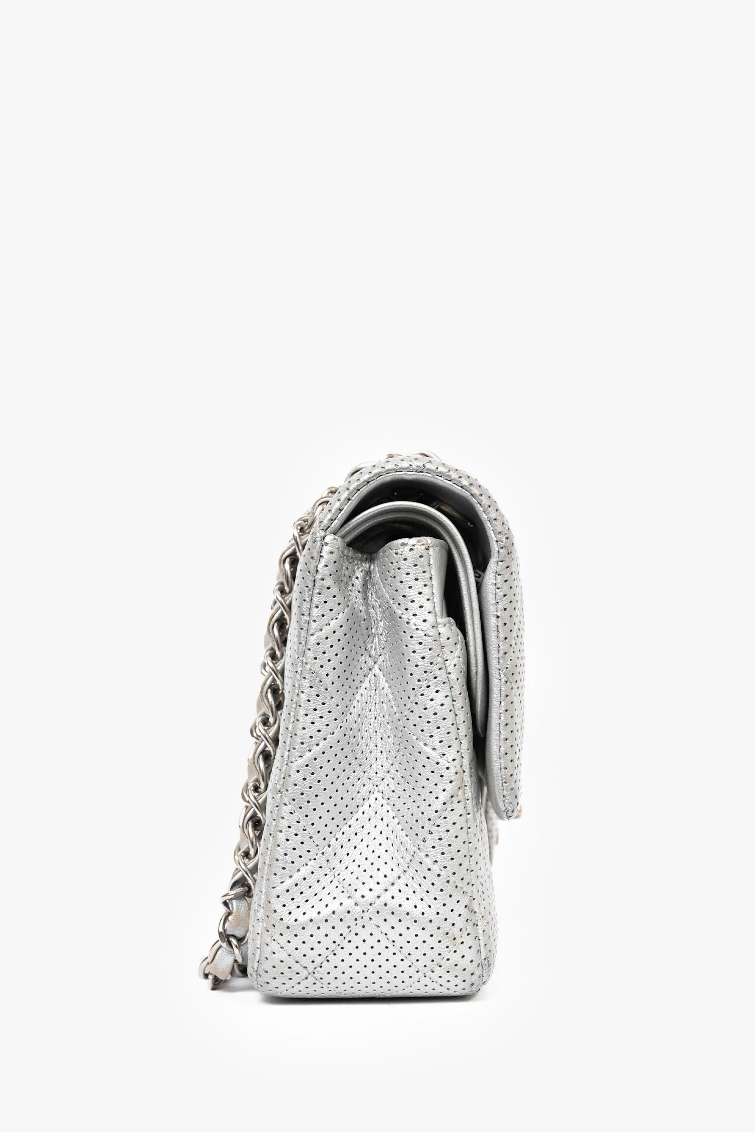 Pre-Loved Chanel 2014 Silver Perforated Leather Medium Double Flap Shoulder Bag