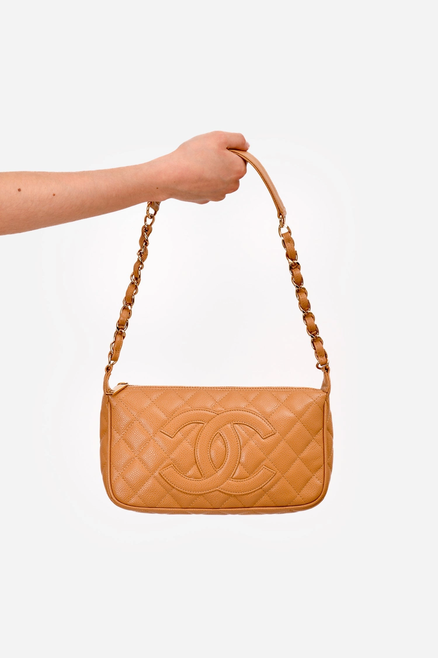 Pre-loved Chanel Vintage Beige Caviar CC Chain Link Timeless Shoulder Bag