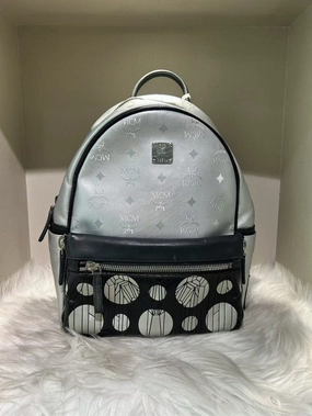 Pre-Loved MCM Stark Silver Backpack with Signature Logo Pattern and Black Accents