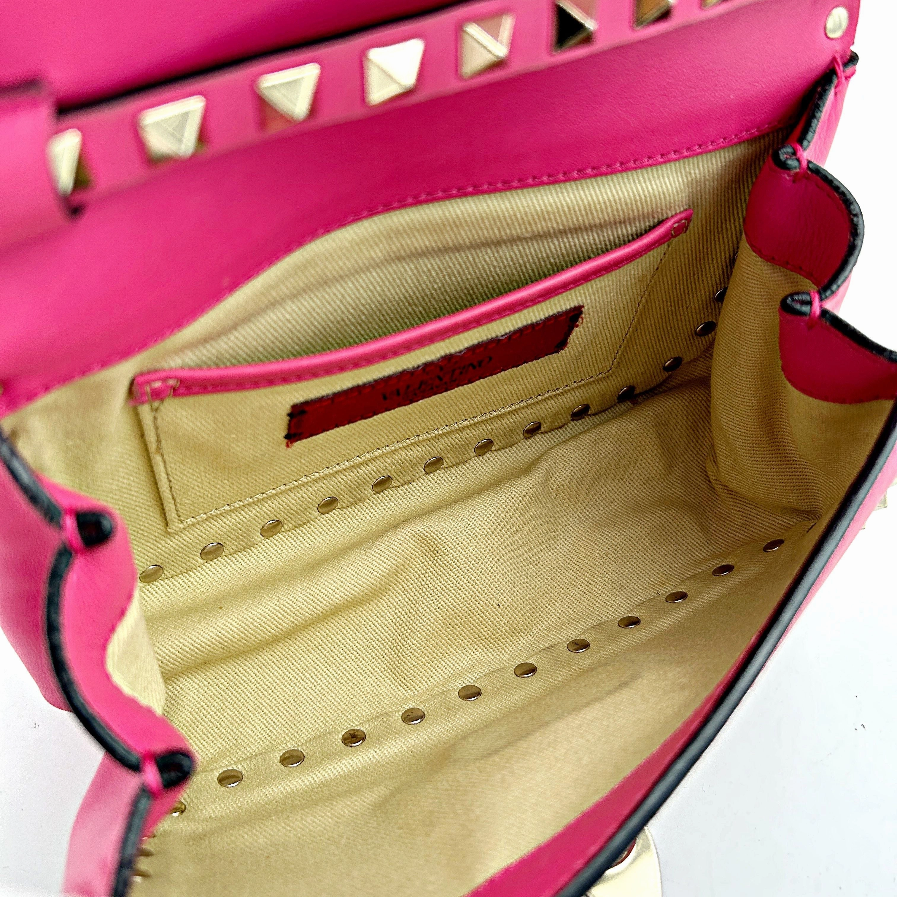Pre-owned VALENTINO GARAVANI Vitello Mini Rockstud Flap Saddle Crossbody Bag Fuxia  LA9979