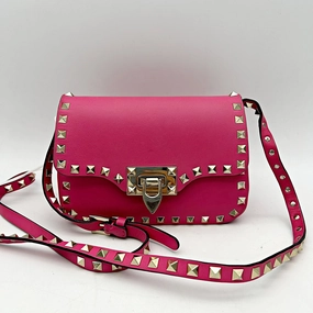 Pre-owned VALENTINO GARAVANI Vitello Mini Rockstud Flap Saddle Crossbody Bag Fuxia  LA9979