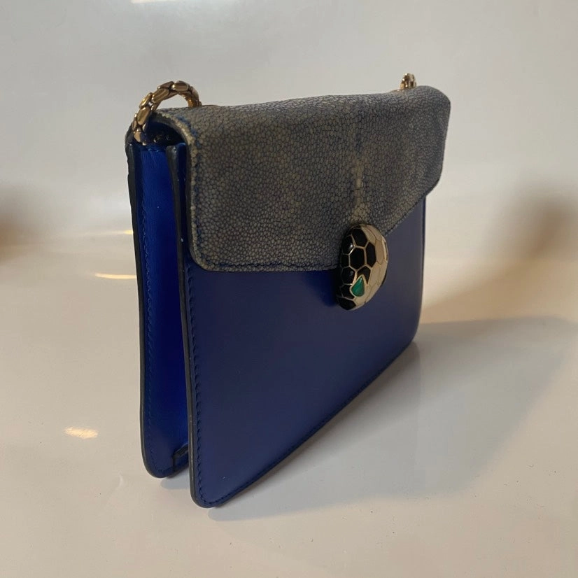 Preloved Bvlgari Serpenti Snake-Head Bag Blue Leather Crossbody Bag