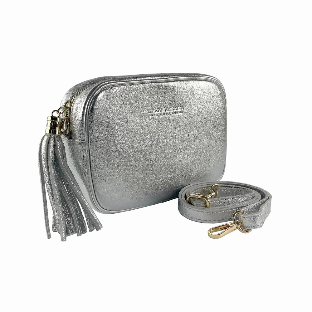 Renato Borzatta Leather Tassel Camera Shoulder Crossbody Bag Silver Grey