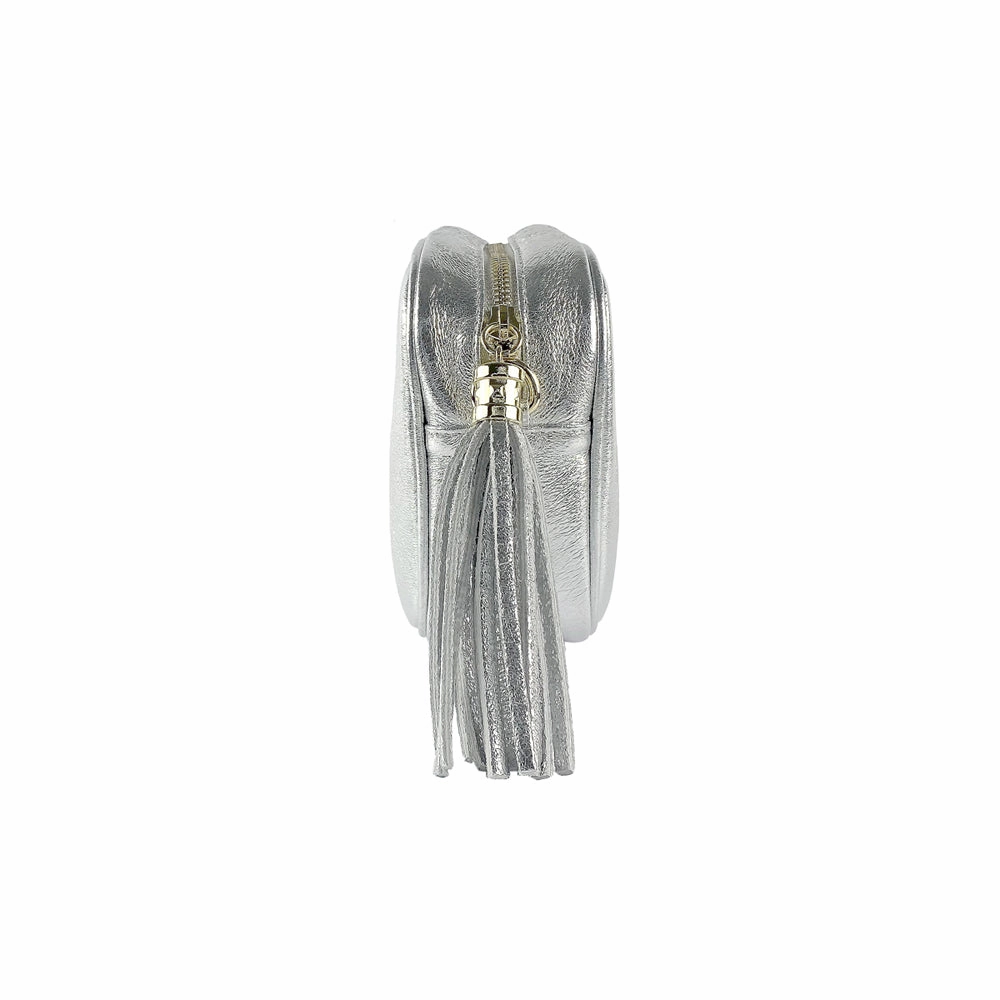 Renato Borzatta Leather Tassel Camera Shoulder Crossbody Bag Silver Grey