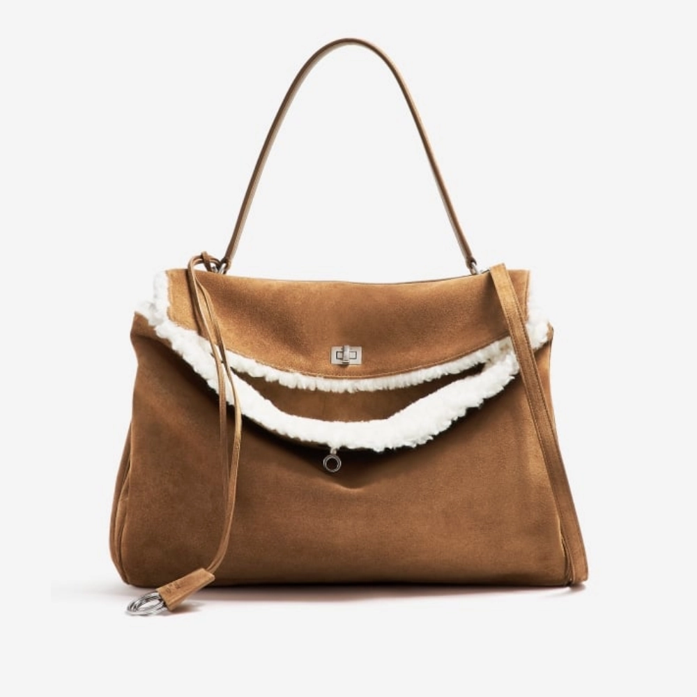 Rodeo Large Shearling-Lined Suede Shoulder Bag Leather Tote Bag for Women