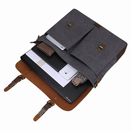 S-Zone Fashion Canvas Genuine Leather Trim Travel Briefcase 15.6-Inch Laptop Bag Upgraded Version