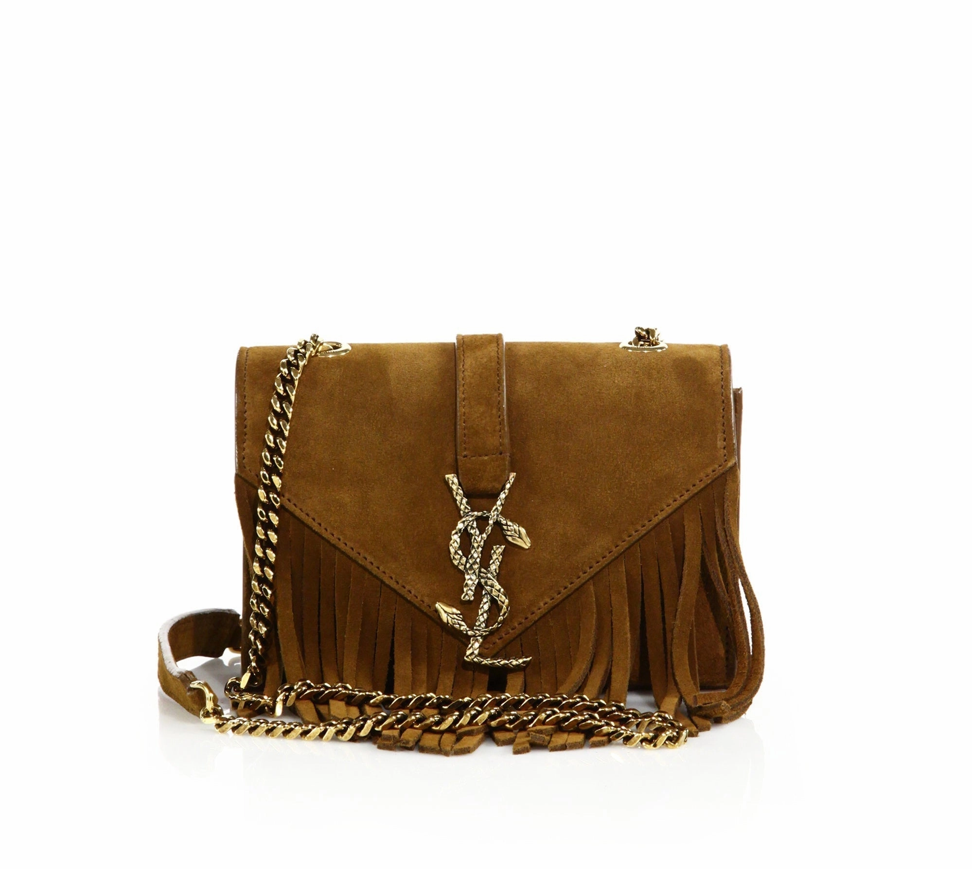 Saint Laurent Brown Baby Serpent Fringed Suede Chain Crossbody Bag