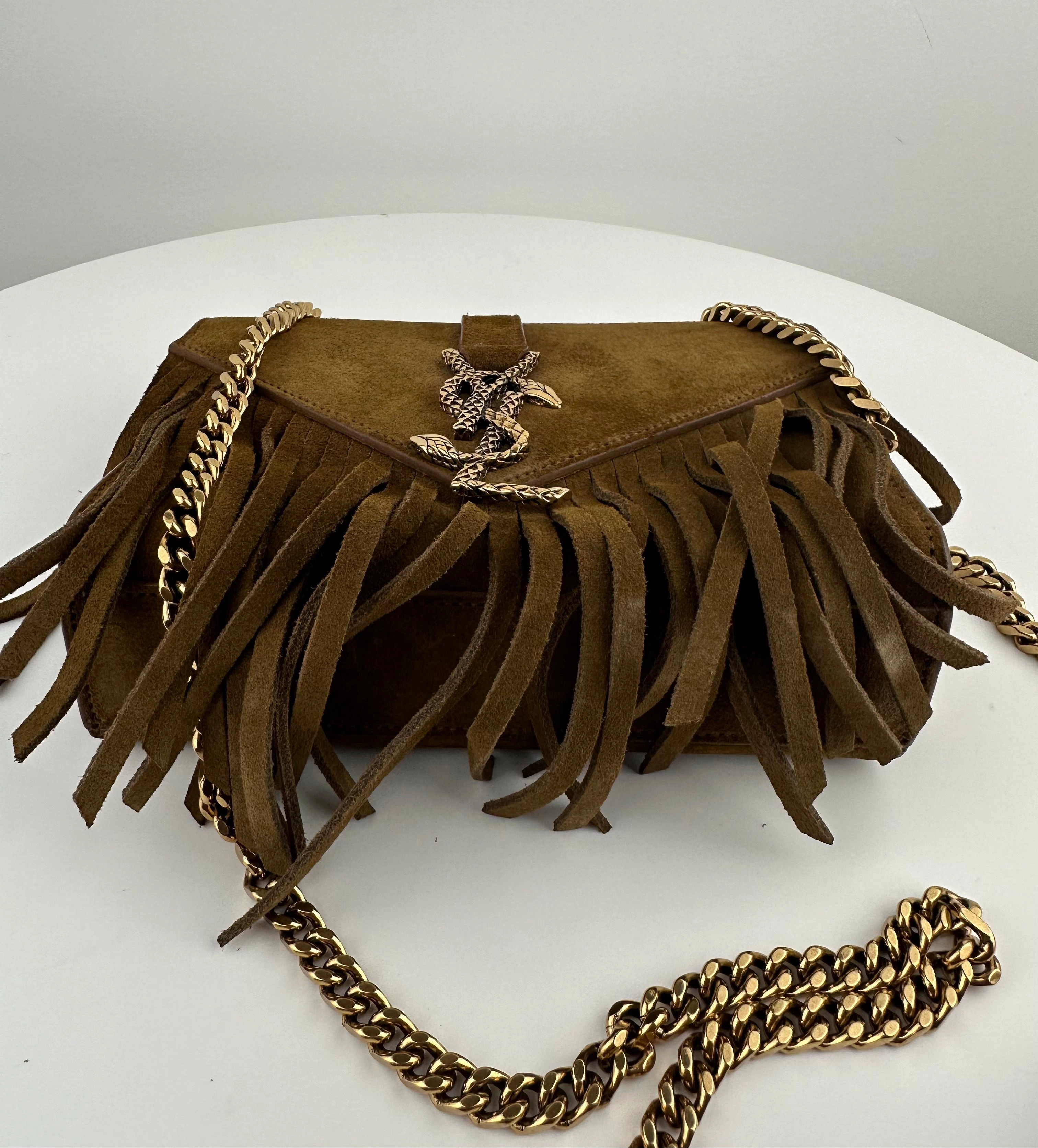 Saint Laurent Brown Baby Serpent Fringed Suede Chain Crossbody Bag