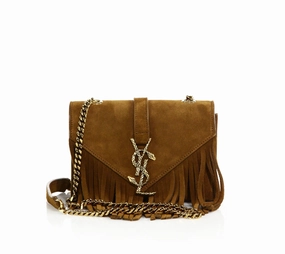 Saint Laurent Brown Baby Serpent Fringed Suede Chain Crossbody Bag